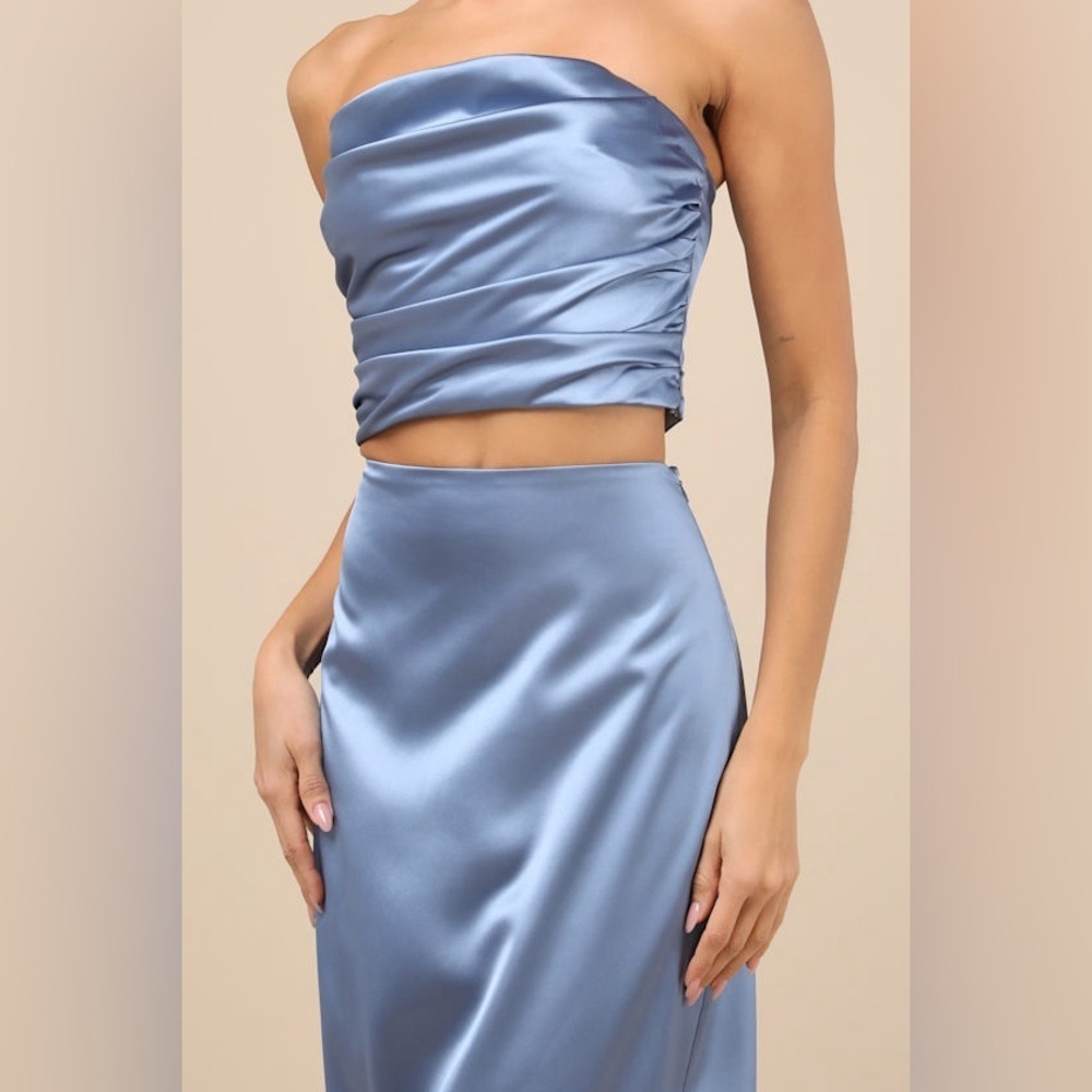 LULU’S DEMURE SWEETIE SATIN STRAPLESS TWO PIECE MIDI DRESS - Picture 4 of 13